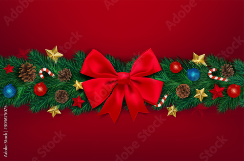 Background with Realistic Looking Christmas Tree Branches on black background. Brochure design template  Card  Banner  vector illustration.
