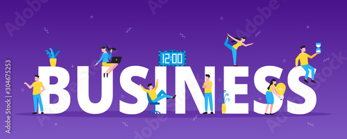 Big characters with word business and tiny people working together. Abstract gradient and simple shapes behind flat stile design vector illustration isolated on dark gradient background