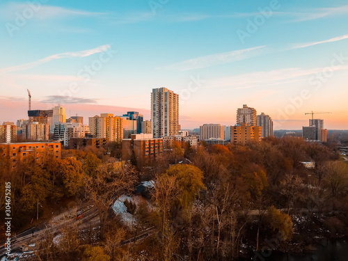 Aerial photo of the urban cityscape development and downtown skyline in London, Ontario, Canada at dusk in late Fall, November 2019. Shows the growing city of London well! photo