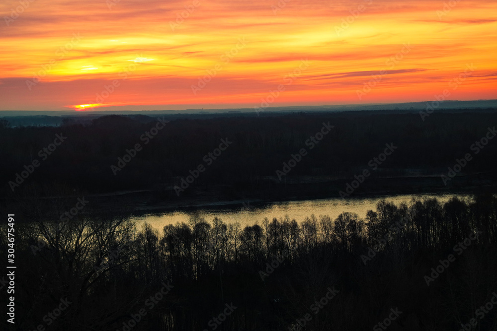 Sunrise with river, aerial view