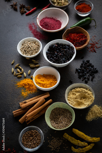 Food background with condiment and spice close-up