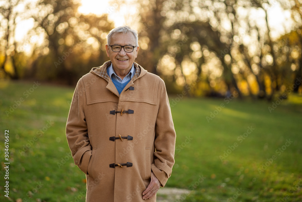 Obraz premium Portrait of happy senior man in park in autumn.