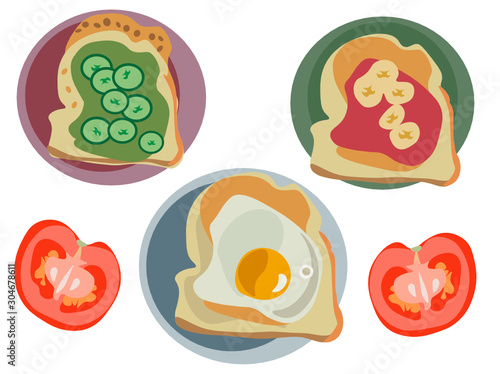 set of vector icons diferent colorful sandwiches on plates green red yellow with egg cucumbers bananas jam cheese guacamole and tomatoes