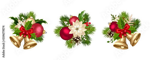 Set of three vector Christmas decorations with red and gold balls, bells, poinsettia flowers, fir-tree branches, cones, holly and mistletoe isolated on a white background.