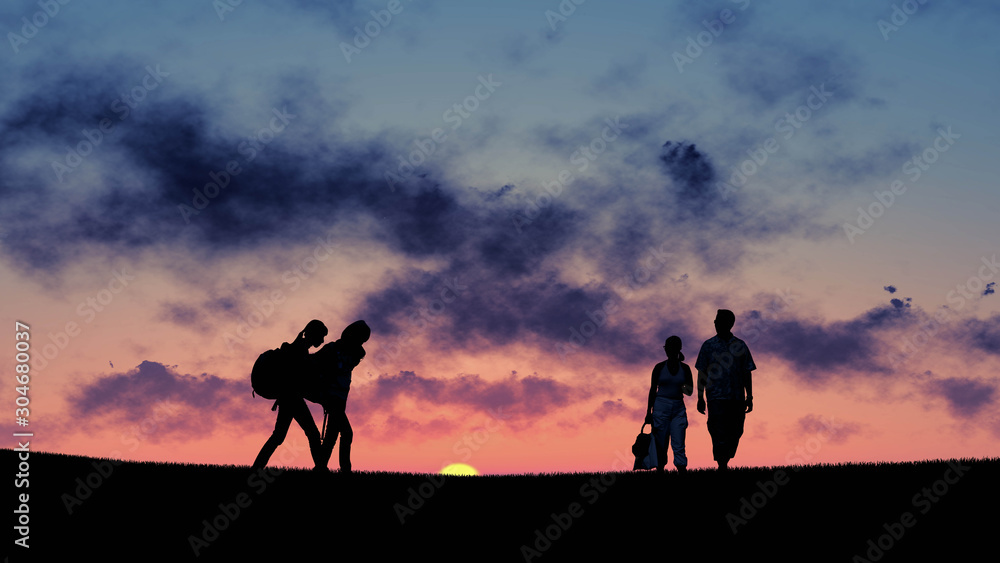 People Traveling With Bag Silhouette at sunset 3D Rendering