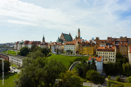Drone shot flying over city buildings in the Old Town. Drone flies over the historic center of Warsaw, Poland. 
