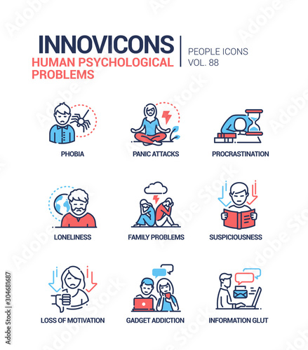 Human psychological problems line design style icons set