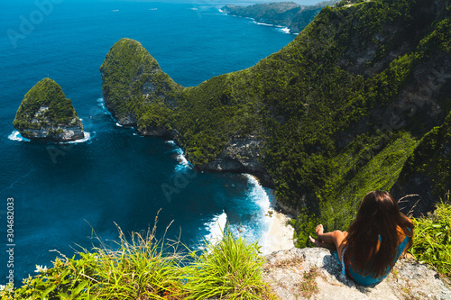 Amazing panoramic view of tropical beach, sea rocks and turquoise ocean, blue sky. Atuh beach, Nusa Penida island, island of Bali, Indonesia. Travel concept. Manta Bay or Kelkinkin Beach