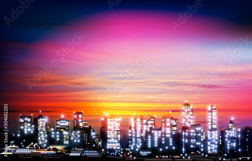 abstract pink illustration with cityscape of Vancouver on sunset background