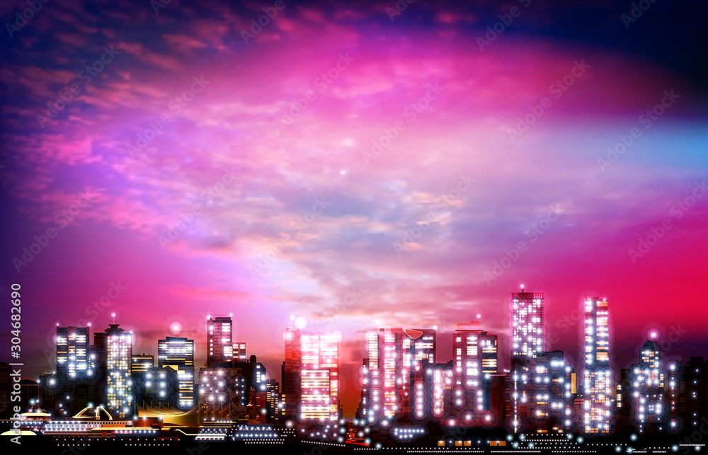 Fototapeta premium abstract purple illustration with cityscape of Vancouver on sunset background