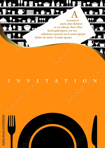 Carte d’invitation à diner, couleur orange avec un motif d’ustensiles de cuisine.