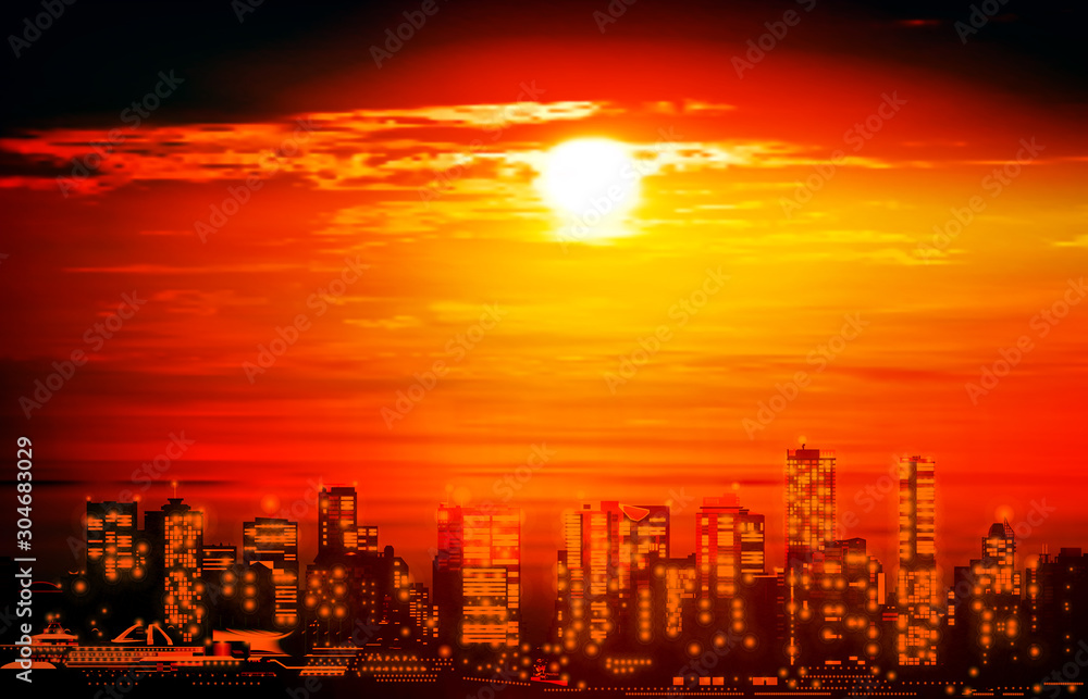abstract red illustration with cityscape of Vancouver on sunset background