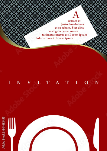 Carte d’invitation à diner, couleur rouge avec un motif géométrique.