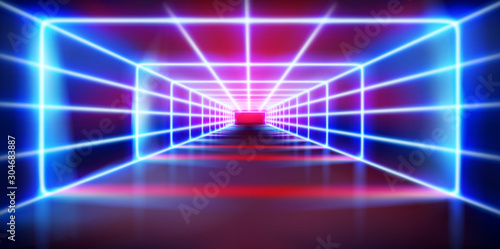 Illuminated tunnel. Lighting effects on stage during the show. Colored neon lights. Fashion runway. Vector illustration.