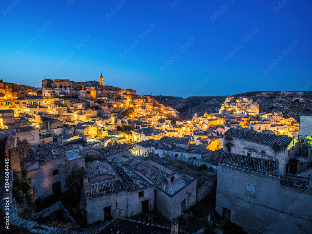 Night view of the Sassi di Matera, prehistoric historic center, UNESCO World Heritage Site, European Capital of Culture 2019