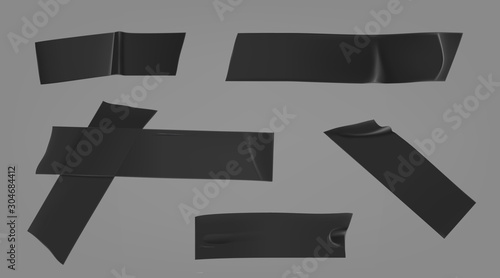 Duct tape pieces. Insulating black adhesive stripes attached with wrinkles. Vector realistic set of sticky scotch for fix, repair or packaging isolated on gray background