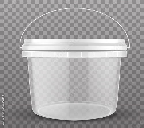Clear plastic bucket closed by lid isolated on transparent background. Vector mockup of realistic 3d empty container for food, fresh products, ice cream