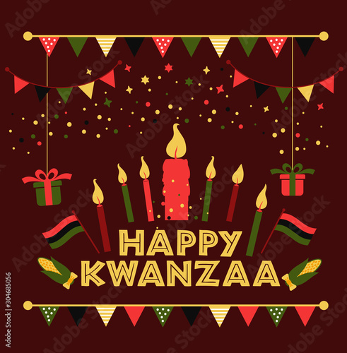 Banner for Kwanzaa with traditional colored and candles representing the Seven Principles or Nguzo Saba . photo