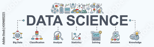 Data science banner web icon for Computer Science and insight, Ai, Big Data, algorithm, analyze, Statistic, knowledge, Deep and machine learning. minimal vector infographic concept.