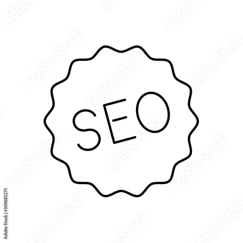 SEO - Search Engine Optimization. Icono plano lineal estrella con texto SEO en color negro