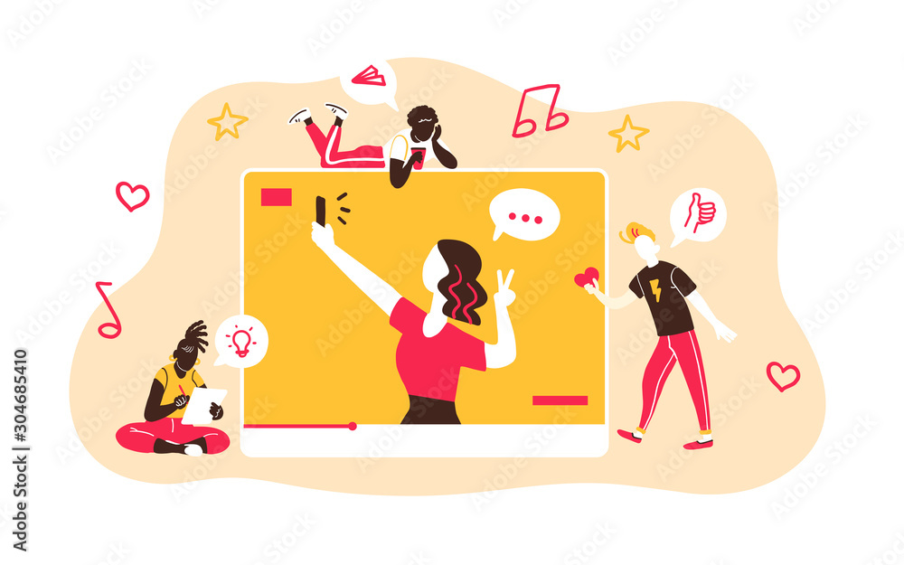 Making inspiring video content, media planning, e-learning, blogging concept. People watch vines, learn, inspire. Creative ideas. Social networks promotion. Vector flat illustration. 