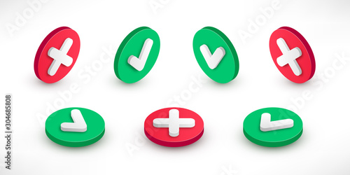 Checkmark isometric icon set. 3d tick sign. Green yes and red no X cross check mark button with shadow on white. Simple mark graphic flat design. Vector illustration.