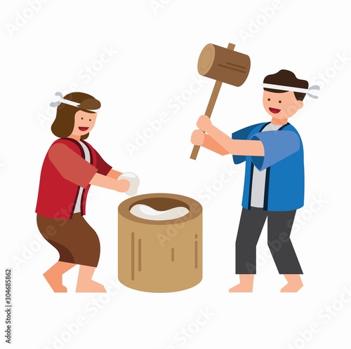people making mochi japan traditional food flat illustration vector