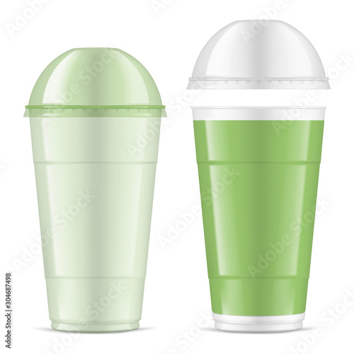 Clear empty tall cup with dome lid, realistic mock-up. Transparent plastic tumbler for takeaway drinks, vector illustration. Easy to recolor