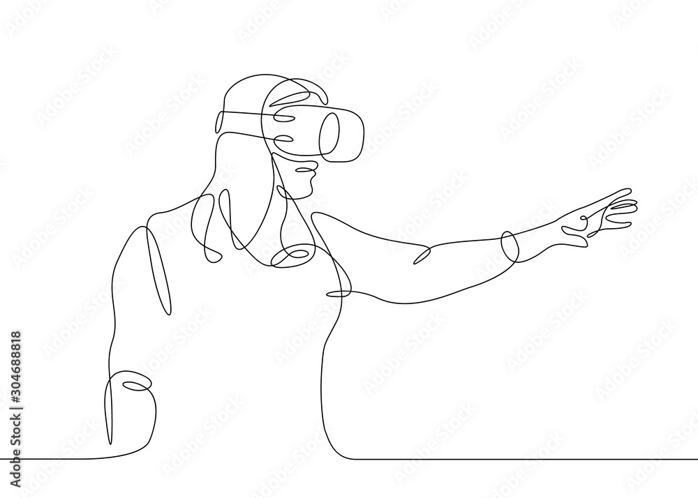 continuous line drawing woman girl in glasses device virtual reality