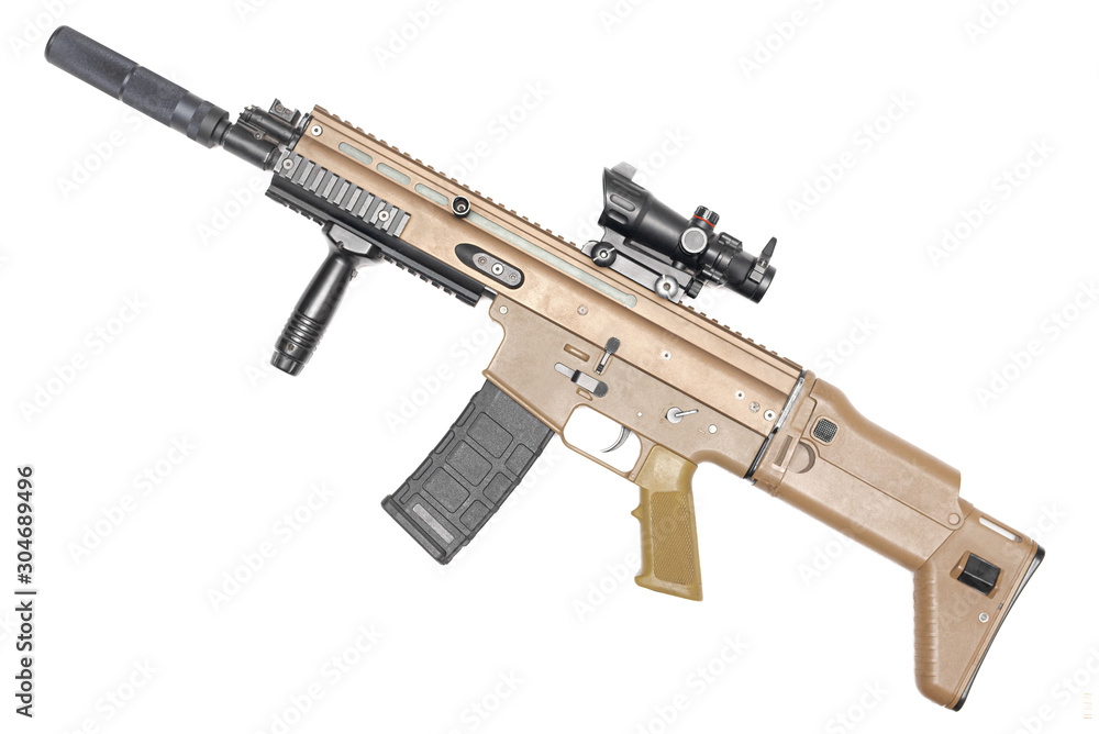 Assault rifle with silencer isolated on white background. Assault rifle with silencer isolated on white background.