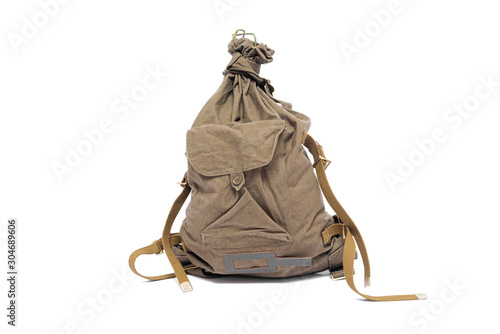 Old army bag isolated on white background.