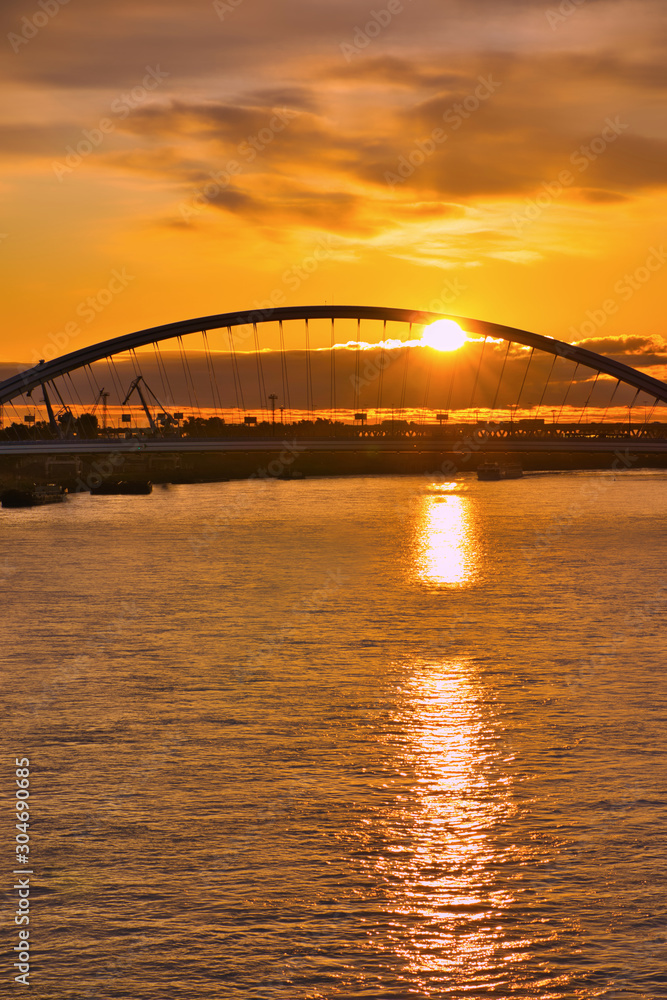 Sunrise over bridge in Bratislava, Slovakia