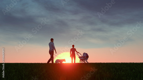 Family silhouette at Sunset 3D Rendering