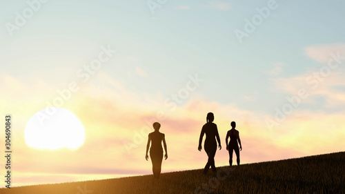 People Silhouette at Sunset 3D Rendering