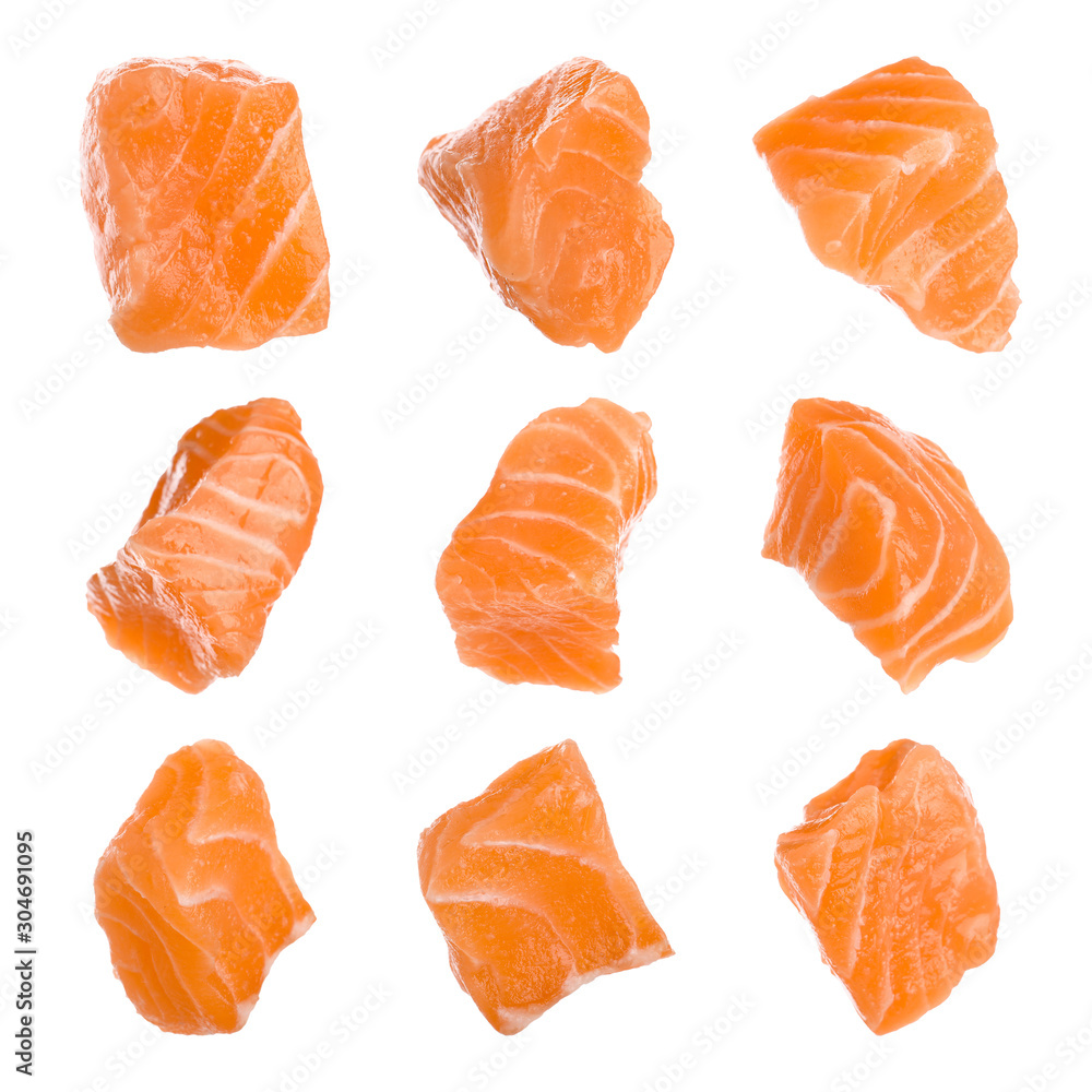 Set with pieces of fresh raw salmon on white background. Fish delicacy Set with pieces of fresh raw salmon on white background. Fish delicacy