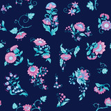 Tradition mughal motif, fantasy flowers in retro, vintage style. Seamless pattern, background. Vector illustration. On blue background