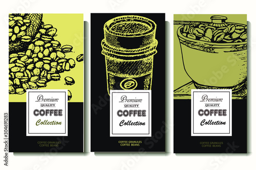 Coffee illustration. Hand drawn vector banner. Coffee beans, bags, machine.