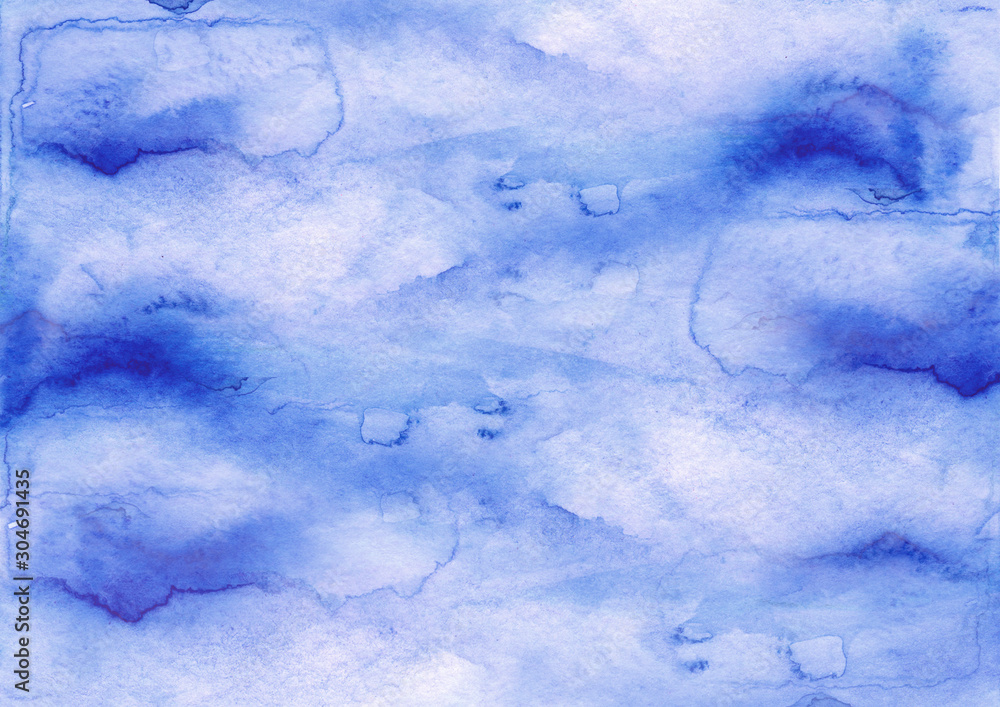 Watercolor blue background, blot, blob, splash of blue paint on white background. Watercolor blue sky, spot, abstraction. Abstract art illustration, scenic background. The color splashing