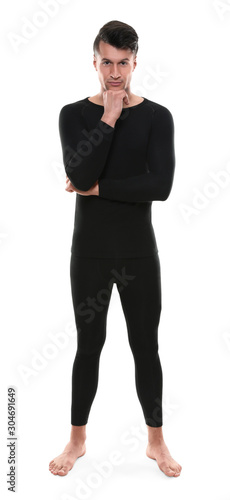 Man wearing thermal underwear isolated on white