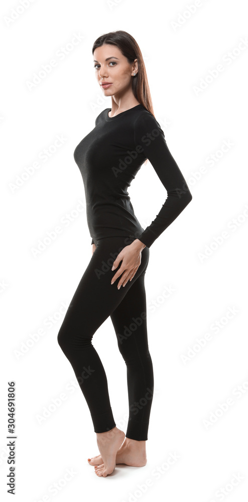 Woman wearing thermal underwear isolated on white Woman wearing thermal underwear isolated on white