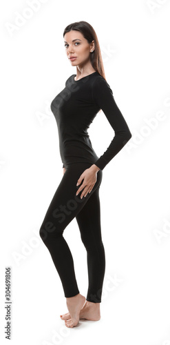 Woman wearing thermal underwear isolated on white