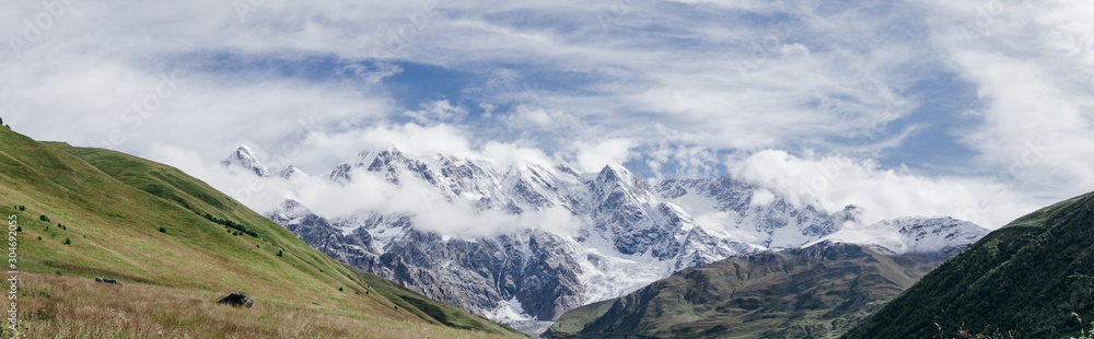 Panoramic view of Peak Shkhara Zemo Svaneti, Georgia. The main Caucasian ridge