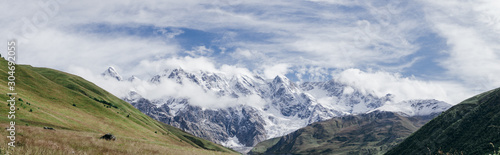 Panoramic view of Peak Shkhara Zemo Svaneti, Georgia. The main Caucasian ridge © Bohdan Melnyk