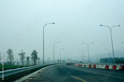 Canvas Print Low visibility rural view with dangerous haze and fog in Kuala Lumpur,Malaysia