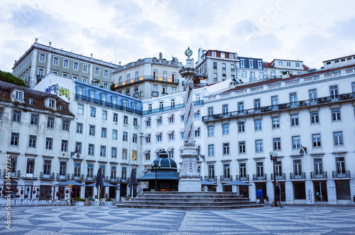 Lisbon, Portugal - May, 23rd, 2018 : View at dusk of the City Square (Praça do Município) in the Baixa neighbourhood  lower town.
