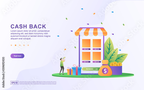 Cash Back concept design, people getting cash rewards and gift from online shopping, Cash back reward program for customers. Suitable for web landing page, marketing material, mobile app, web banner.