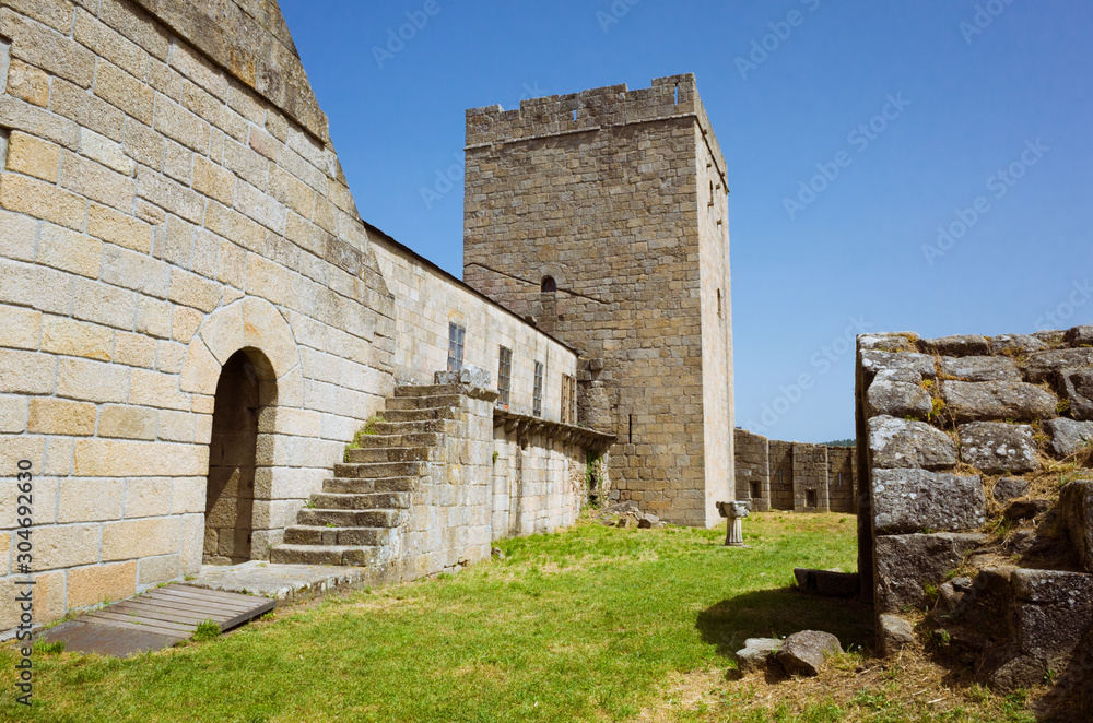 Castro Caldelas, Ourense province, Spain - August 6th, 2018 : 14th century Counts of Lemos Castle in the Castro Caldelas old town at the heart of the Ribeira Sacra cultural region.