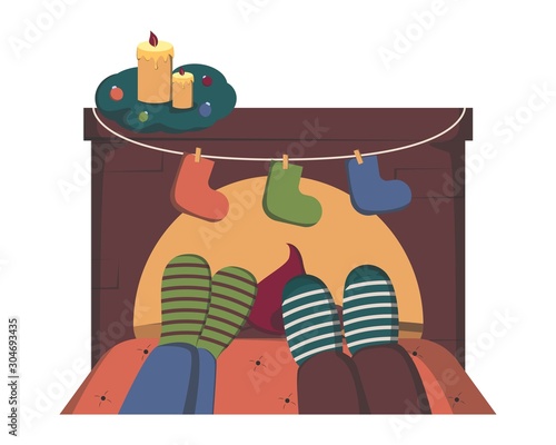 Couple in warm socks relaxing near fireplace on winter evening, Flat vector illustration