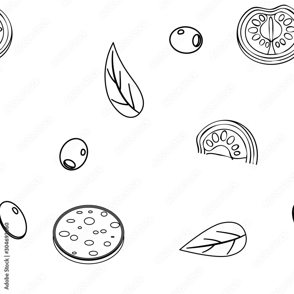 Fototapeta premium Doodle lineart drawn vector seamless pattern - with ingredients Sketch style