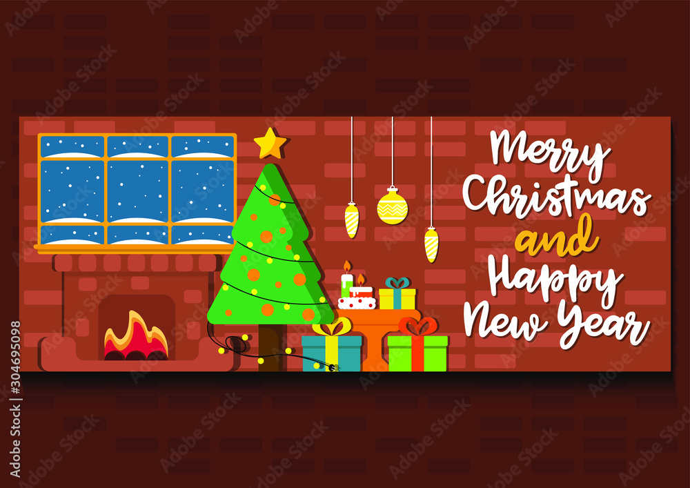 stock vector of cute christmas with fire pit indoor view banner. christmas poster, greeting cards, header, website. vector illustration background